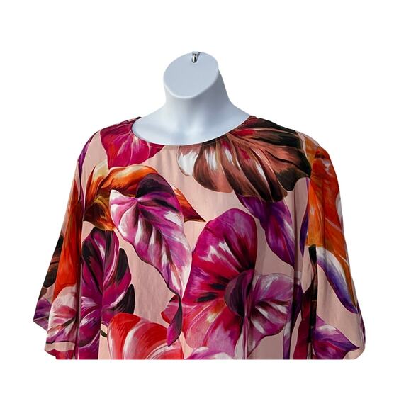 KAREN KANE TOP WOMENS SIZE LARGE TROPICAL PRINT FLARE HEM BLOUSE PINK NEW - Picture 6 of 13